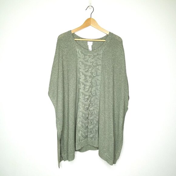 NWT Chico's Lucy Lace Body Poncho Sweater Green Gold Metallic Open Front L/XL - Picture 4 of 13